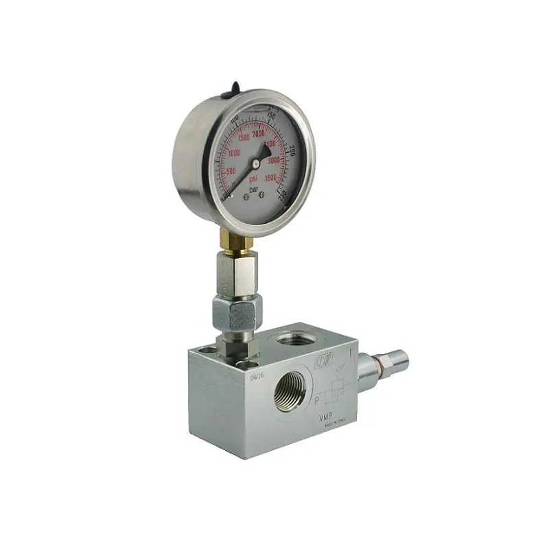 Acheter En Ligne Valve de dérivation hydraulique réglable VMP 1/2" 70l/min 10-180bar + manomètre 0-250bar