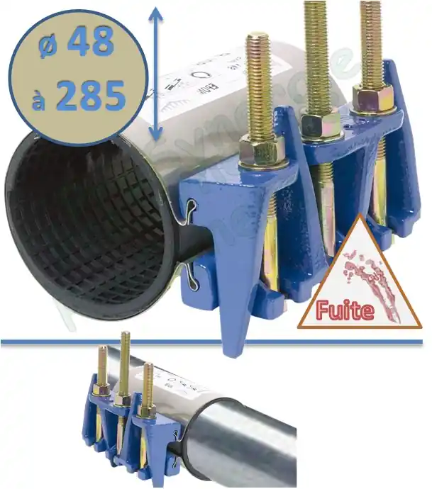 Collier réparation et jonction définitive pour tube Øext. 48 à 285mm (Multitube : acier, fonte, PVC, Polyéthylène…) avec joint EPDM ou Nitrile serrage 3 tirants Achat Immédiat