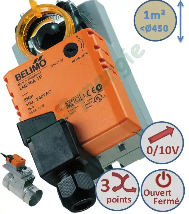 Achat Immédiat Servomoteurs pour clapet et registre LM 230V et 24V – Tout/Rien ou Proportionnel (SR) commande 3 points (fil) – 5Nm (section <0.8m² ou Ø450)