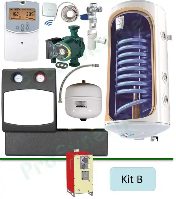 B – Kit option production d'eau chaude sanitaire (sur l'installation chauffage) – Ballon 150 litres échangeur / Elec. + module hydraulique DN25 et régulation climatique 2 circuits Meilleure Vente